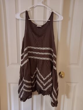 Free People Brown Polka Dot Lace-Trim Trapesez Slip  Tank Tunic Dress